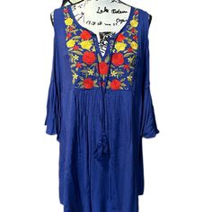 Nwt- Floral Embroidery Dress - Perfect For A Beach Getaway - Beautiful Royal Blue Color With Vibrant Floral Embroidery - - Lined Blue Floral Embroidery Dress For Vacation, Blue Floral Embroidery Dress For Beach, Blue Embroidered Dress For Spring, Blue Embroidered Dress With Neckline Detail For Spring, Blue Embroidered Dress For Vacation, Blue Bohemian Embroidered Dress For Spring, Blue Bohemian Dress With Embroidered Hem, Long Sleeve Blue Dress With Embroidered Neckline, Bohemian Blue Embroidered Dress For Vacation