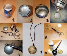 several pictures of various items that include scissors, tape measure and other crafting supplies