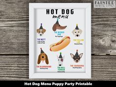 a hot dog party printable with dogs wearing birthday hats and other things on it