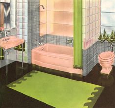 a bathroom with green rugs and pink bathtub next to a sink, toilet and mirror