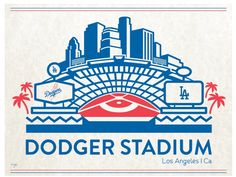 the dodgers stadium sign is shown in red, white and blue with an eye on it