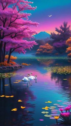 two swans swimming in a lake with pink flowers and mountains in the background at sunset