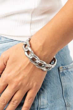 Brushed in a high sheen finish, oversized gunmetal chain links boldly connect into a gritty cuff around the wrist. Sold as one individual bracelet. Paparazzi Jewelry Images, Jewelry Bracelets Silver, Chain Links, Paparazzi Accessories, Paparazzi Jewelry, Bracelet Collection, Silver Cuff Bracelet, Blue Earrings, Silver Cuff