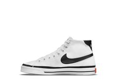 NIKE Womens Court Legacy Mid Sneaker - WHITE Nike Canvas High-top Sneakers For Streetwear, Nike Canvas High-top Streetwear Sneakers, White Sporty Sneakers With Leather Trim, Sporty White Sneakers With Leather Trim, White Leather Trim Sporty Sneakers, Casual White Canvas Shoes With Canvas Lining, Nike Casual Canvas Shoes For Streetwear, Classic Sports Canvas Shoes, Rack Room