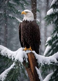 an eagle sitting on top of a tree branch covered in snow