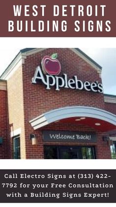 the front of a building with an applebee's sign above it that says, west detroit building signs