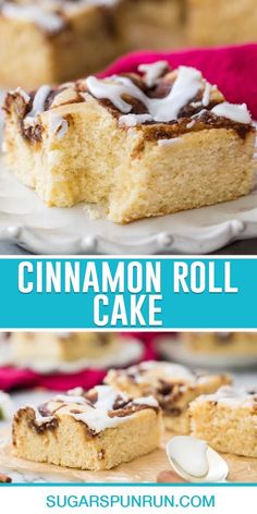 cinnamon roll cake on a plate with the title above it