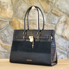 Michael Kors Outlet! Color: Black/Gold. Authentic. New With Tags. Price Firmno Trades Smoke & Pet Free Home. Material: Croc, Suede, & Pebble Leather. Interior: 1 Zipper Pocket & 2 Slip Pockets. Approximate Measurements: 17"(Base) - 16"(Top) X 12.75"H X 6.5"H. Michael Kors Workwear Tote Bag, Michael Kors Black Shoulder Bag For Work, Michael Kors Black Workwear Bag, Michael Kors Black Shoulder Bag For Business, Michael Kors Black Business Shoulder Bag, Elegant Michael Kors Shoulder Bag For Work, Black Michael Kors Bag For Office, Michael Kors Black Shoulder Bag With Leather Handles, Michael Kors Black Bag With Leather Handles