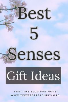 the words best 5 sensees gift ideas are in front of a blue sky with white flowers