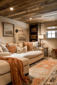 a living room filled with furniture and a rug on top of a carpeted floor