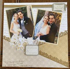 a wedding card with two pictures of the bride and groom on it's side