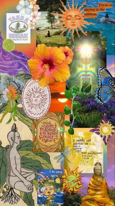 a collage of images with flowers, plants and pictures on them that include buddha