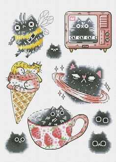 cross stitch pattern with cats, ice cream and toaster on white background for use as wall hanging