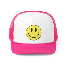 These smiley face trucker caps are perfect for summer trips, parties and gifts. A 100% polyester front and 100% nylon mesh weave back make these hats durable through regular wear and tear. They come in one size with an adjustable plastic snap closure: 22.8" (58cm). The cap's front has six rows of visor stitching and the design is printed on the cap. .: Material: 100% polyester foam front with 100% nylon mesh weave back .: One size fits most (22.8"/58cm) .: Two colors to pick from (green and pink) .: Adjustable plastic snap closure .: Six row stitching on visor Cheap Pink Trucker Hat For Outdoor, Fun Mesh Trucker Hat Baseball Cap, Adjustable Smiley Face Baseball Cap For Summer, Funny Summer Trucker Cap, Summer Smiley Face Baseball Cap, Summer Baseball Cap With Smiley Face, Summer Smiley Face Snapback Trucker Hat, Pink Fun Style Trucker Hat With Flat Bill, Funny Snapback Trucker Hat For Summer