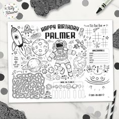 a happy birthday coloring page with space theme