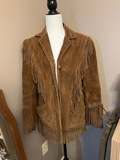 Brand is pioneer wear. Says size 16 but fits smaller measurements are  Bust 41' Length 25.5' Shoulders 16.5' Brown Long-sleeve Fringe Outerwear, Size 16, Favorite Outfit, Jackets & Coats, Jackets For Women, Leather Jacket, Art Collection, Bathing Beauties, Display Homes