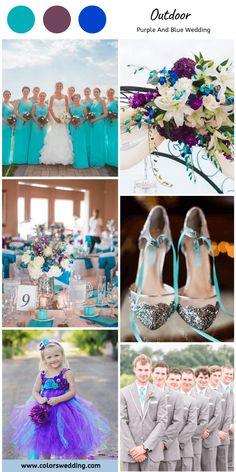 a collage of different pictures with blue and purple wedding colors, including the bride's shoes