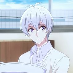 an anime character with white hair and blue eyes is holding a plate in front of him