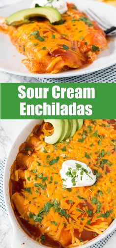 two white plates topped with enchiladas covered in cheese and sour cream sauce