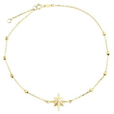 This real genuine 14K Yellow Gold fancy statement Italian handmade Star themed charm Anklet is presented in lustrous gold, finished with a professional high-polish for extra shine and luster. This Rolo link chain is 1mm wide and the charm is 12mm. Anklet is 9" long with 1" extension. This weigh of this charm anklet is 1.5 gr. The anklet has a secure Spring Ring so it is easy to put on and take off. **Comes with Presentation Box and Polishing Cloth** Size: one size.  Gender: female.  Age Group: a Gold Anklets With Star Charm For Gift, Yellow Gold Star Necklace With Adjustable Chain, 14k Gold-filled Yellow Gold Jewelry With Star Charm, Adjustable Gold Star-shaped Chain Bracelet, 14k Gold-filled Yellow Gold Star Charm Jewelry, Metal Style, Star Charms, Chain Link, Spring Rings