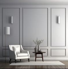 a white chair sitting next to a table on top of a hard wood floor in a living room