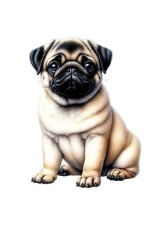 a drawing of a pug dog sitting down with its eyes open and looking at the camera