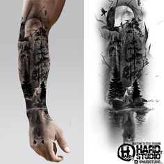 #forearm #wolf #tattoo design #tattoo idea #bng design #nature #nature tattoo # wild tattoo #moon #tattoo idea #hardstudio #bird #animal Jafar Tattoos, Wolf Sleeve Tattoos For Guys, Tattoo Designs Wolf, Half Sleeve Tattoos Wolf, Valhalla Tattoo, Natur Tattoo Arm, Owl Tattoo Sleeve