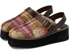 Have a mega moment with these platform mules, featuring wool, plaid-printed uppers and a leather slingback strap, all on a lifted flatform sole for a major design that emphasizes effortless cool. Slip-on style, woven wool plaid uppers, round toe, leather buckle detail, leather slingback strap, flatform sole, slight wedge, rubber outsole, lined footbed. This versatile pair can easily be dressed up or down. Leather, Rubber Wool, Cotton Slingback Mules, Platform Mules, Funky Shoes, Platform Clogs, Free People Shoes, Winter Trends, Comfort Wear, Leather Clogs, Dream Shoes