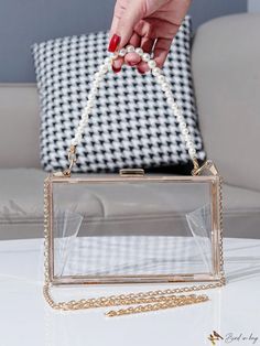 Bird in Bag - Pearl-Adorned Transparent Box Clutch Bag - Versatile Shoulder, Crossbody, and Hand Bag for Women, Featuring Ample Room for Mobile Phone and Lipstick Hand Bags For Women, Transparent Box, Box Clutch, Cheongsam Dress, Formal Attire, Bird In Bag, Mini Fashion, Bag For Women, Square Bag