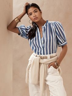 Ramie Blouse | Banana Republic Petite Clothing Stores, Frilly Blouse, Clothing Retail, Best Leggings, Look Here, Petite Outfits, Striped Blouse, Buy Dress, Blue Blouse