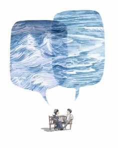 two people sitting on a bench in front of an image of the same person talking to each other