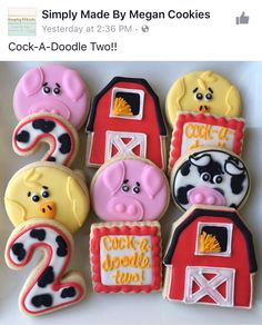 decorated cookies in the shape of farm animals