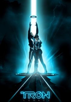 a movie poster for the film tron legacy with two people holding an object in their hands