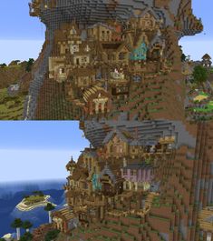 two different views of a mountain side by side with houses on the top and bottom