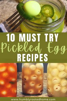 jars filled with pickled eggs and vegetables on top of a wooden table next to a fork