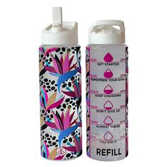 two water bottles with different designs on them