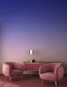 two pink chairs sitting next to each other in front of a purple wall