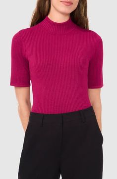 Soft ribbing shapes this desk-to-dinner sweater knit with a sophisticated mock neck and abbreviated sleeves. 22" length (size Small) Mock neck Short sleeves 100% rayon Hand wash, dry flat Imported Rib Sweater, Sweater Knit, Ribbed Sweater, Mock Neck, Sweater Top, Raspberry, Knitted Sweaters, Short Sleeves, Nordstrom