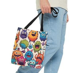 Colorful Cute Monster Print Tote Bag: Stylish & Trendy Accessories - Small Unique Tote Bag, Cute Monsters, Personal Taste, Trendy Accessories, Print Tote, Printed Tote Bags, Funny Faces, Print Design, Tote Bag