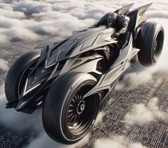 the batmobile is flying through the clouds in this artistic photo, it appears to be floating above the city