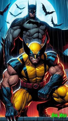 wolverine in the rain with bats flying over him and an evil looking man standing next to him