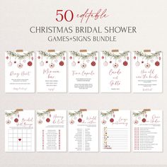 the christmas bridal shower game - signs bundle is shown with red and green decorations