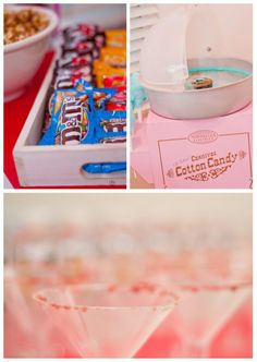 several shots of candy and candies in plastic cups, including one with an ice cream cone