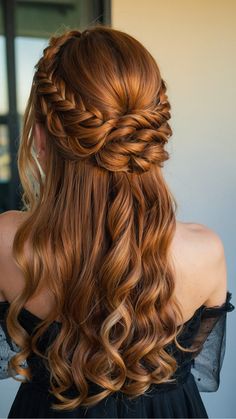 Embrace sophistication with these classy curly updo hairstyles designed to make a statement at prom. Whether you opt for a low bun or a twisted updo, these styles will add a touch of glamour to your look. Pretty Hairstyles For Long Hair Prom, Hairstyles For Red Curly Hair, Classy Prom Hair Down, Hair For Red Dress, Light Brown Hair Updo, Hair Designs For Wedding, Red Hair Prom Hairstyles, Hairstyles For Long Red Hair, Wedding Hairstyles For Long Hair Braid