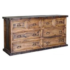 an old wooden dresser with many drawers on it's sides and metal handles, against a white background