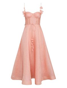 Wonderland Midi Corset Dress Dusty Pink Online | Zimmermann Zimmerman Dress Outfit, Pink Dinner Dress, Flower Applique Dress, Golf Wife, Midi Corset Dress, Bg Color, Zimmerman Dress, Corset Midi Dress, Sheath Dresses