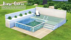 an image of a pool and patio in the grass