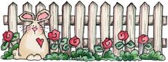 a rabbit sitting in front of a fence with roses on it's side and the word