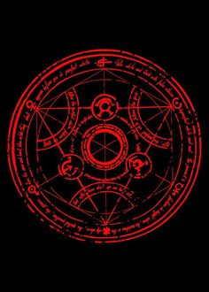 a red and black background with an image of a circle in the middle, surrounded by other symbols