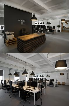 two pictures of an office with desks, chairs and lamps in it's center